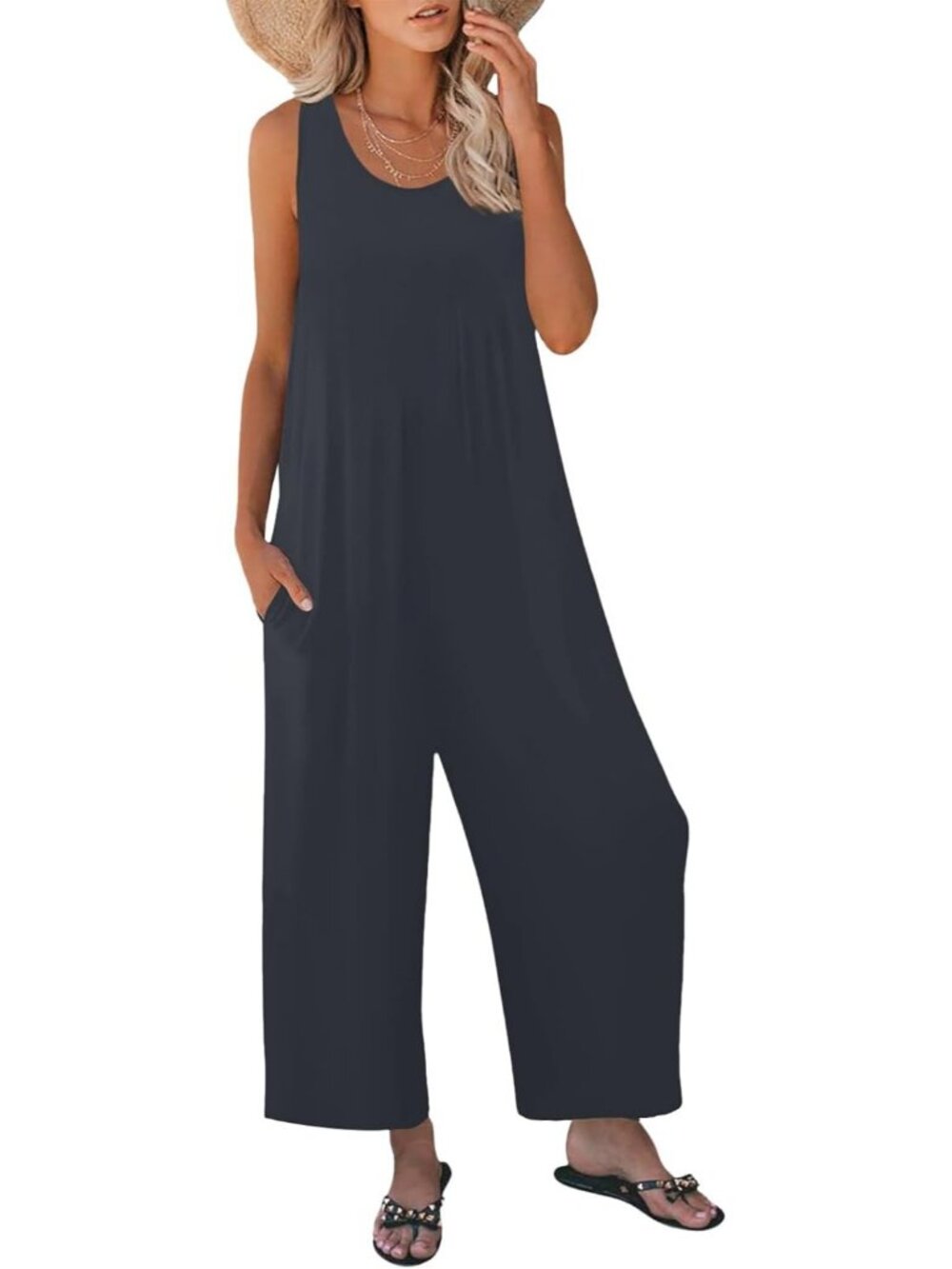 Women's Dark Grey Casual Loose Tank Sleeveless Crewneck Long Pant Romper
